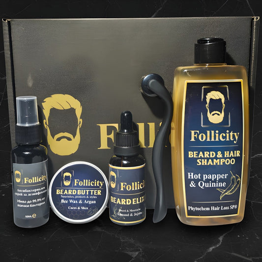 Follicity Beard Growth Premium Set – пълен комплект за активен растеж на брада с 5 продукта