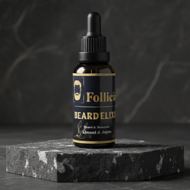 Follicity Beard Elixir – бутилка с масло за брада с 9 натурални съставки за подхранване и растеж
